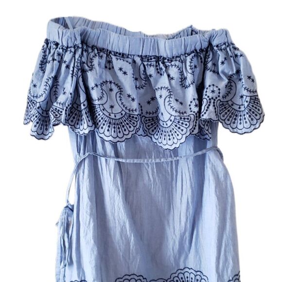 New York & Company Light Blue Embroidered Off the Shoulder Dress - Picture 2 of 4